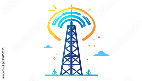 Telecommunication tower emitting wifi signal icon in blue and yellow on white