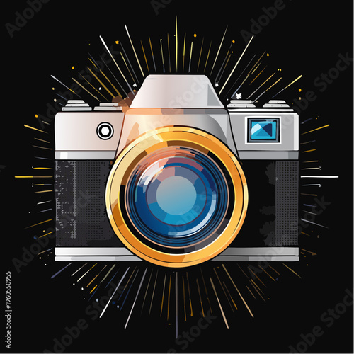 Retro Photo Camera Illustration With Glowing Golden Lens And Dynamic Light Burst Effect