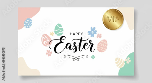 Easter celebration card with happy easter text and colorful eggs on white background