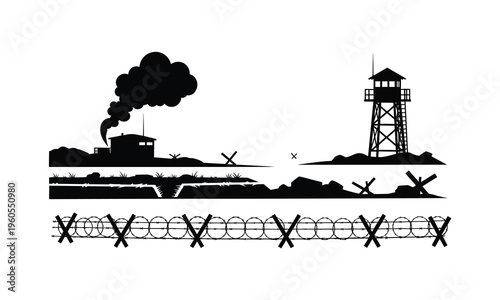 World war trench warfare vector silhouette illustration landscape