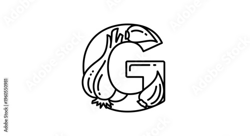 Stylized monochromatic letter G illustration adorned with fresh garlic and cloves for culinary