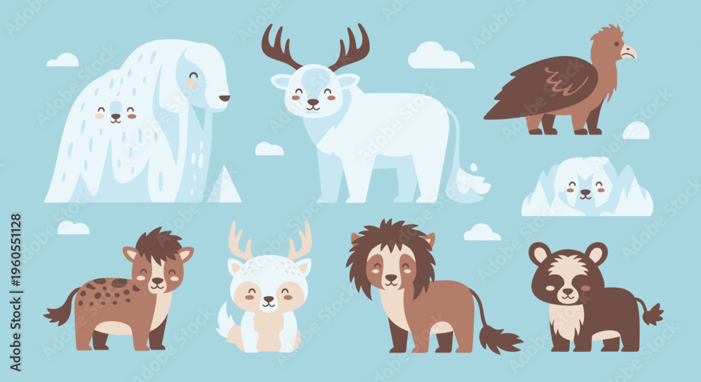 Obraz premium Animals such as polar bear, reindeer, and penguin stand together on ice.