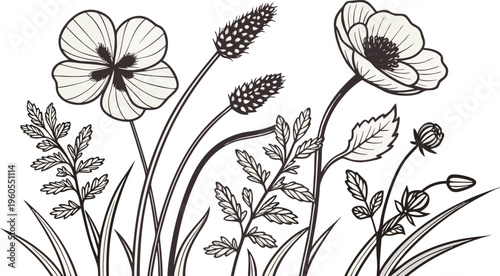 Vintage floral vector set featuring seamless nature patterns and garden blossom sketches for spring wallpaper design elements