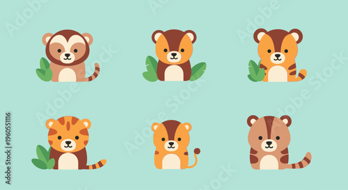 Cute animals peek out from green leaves on a light blue background.
