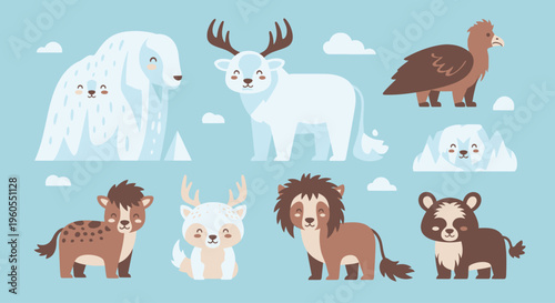 Animals such as polar bear, reindeer, and penguin stand together on ice.