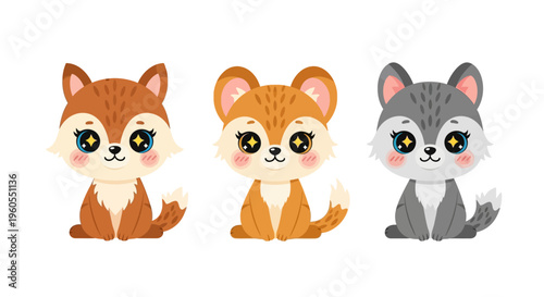 Three cute cartoon animals with big eyes and rosy cheeks are sitting