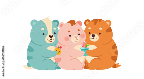 Three cute cartoon bears sitting with toys in a playful scene