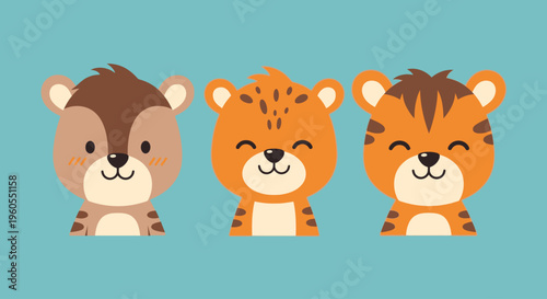 Three cute cartoon animals are smiling on a blue background