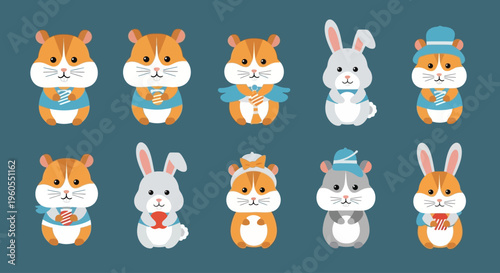 Cute animals wearing clothes and hats are sitting on a blue background