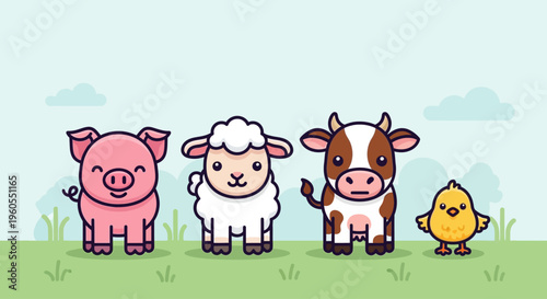 Smiling farm animals stand on green grass in a sunny field together happily.