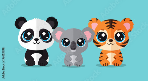 Three cute cartoon animals, a panda, koala, and tiger, sit together on a blue surface