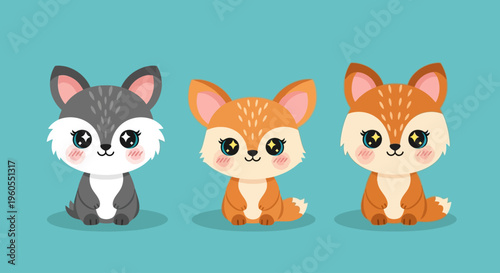 Three cute cartoon animals sitting on a blue background together