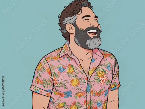 Man wearing a floral shirt smiles and laughs in front of a light blue background during a casual moment in the day