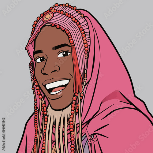 Smiling person wearing colorful beads and pink fabric at an unknown location