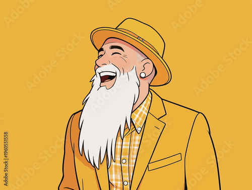 Man with a long white beard and yellow outfit smiles brightly against a yellow background during a casual and joyful moment