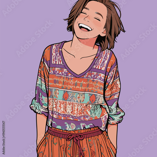 Person wearing colorful clothing smiles in front of a purple background during a cheerful moment in a casual setting