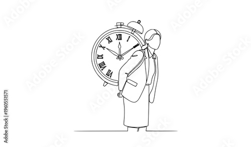 Minimal business woman carrying heavy clock deadline concept line art vector illustration