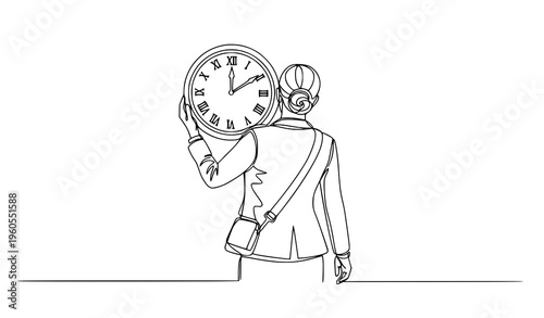 Continuous one line drawing businesswoman carrying clock time management vector illustration