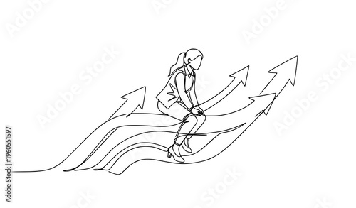 Continuous one line drawing businesswoman riding growth arrows success concept vector illustration