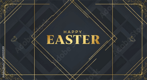 Easter celebration greeting card with happy easter text on dark background with gold lines and decorative squares