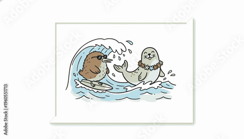 Cute bird surfing wave with happy seal, funny animal friendship, summer vacation concept