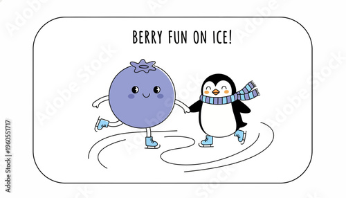 Cute Blueberry and Penguin Ice Skating Together, Berry Fun on Ice!