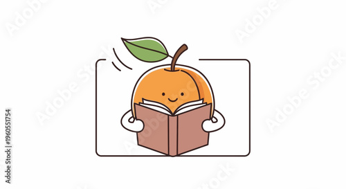 Cute cartoon apricot character reading a book, education concept, healthy lifestyle