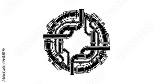 Intricate Circular Pipework Design with Central Cross.