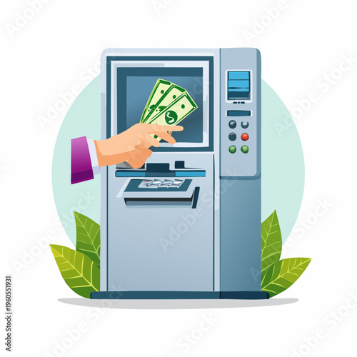 A hand taking money from a bank machine with a cash withdrawal process.