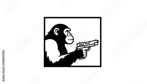 Chimpanzee holding a handgun, black and white graphic illustration