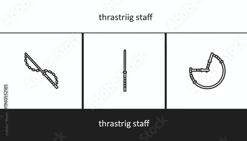 Collection of stylized medieval weapons: flail, sword, and kusarigama