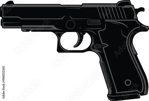 Detailed side view of a black pistol showing its mechanisms on white