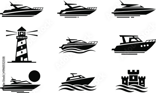 Nautical icon set featuring luxury yacht silhouettes, lighthouse beacon, and sand castle in a bold black and white flat vector style.
