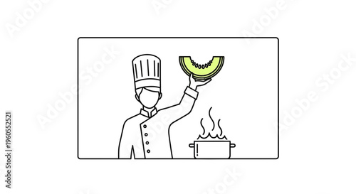 Chef Holding Melon Slice Above Steaming Pot, Culinary Artistry