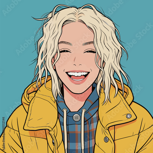 Young person smiles brightly while wearing a yellow jacket with a plaid shirt underneath against a blue background