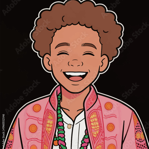 Young boy smiles brightly while wearing colorful traditional clothes and beads during a cultural celebration or event at a fun location