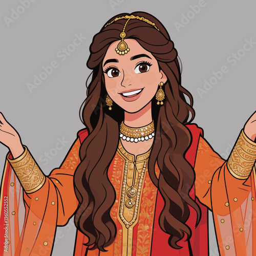 Young woman in traditional dress smiles and gestures with hands in a creative setting