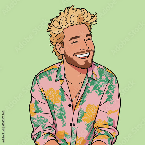 Smiling man in colorful shirt sitting against light green background during daytime