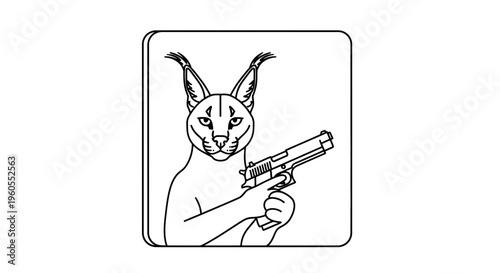 Caracal Cat Holding a Pistol, Fierce Animal Portrait, Line Art Illustration