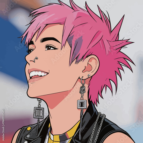 Person with pink spiky hair smiles while wearing earrings and a leather outfit in an urban setting during daytime