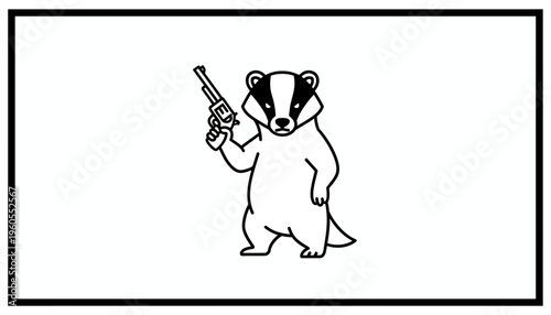 Cartoon Badger Holding Revolver Gun, Funny Animal Character Illustration