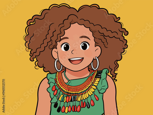 Young girl smiles with curly hair and colorful necklace, standing against a bright yellow background in a cheerful setting
