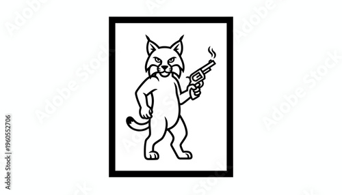 Cartoon Lynx Cat Holding a Smoking Revolver Gun, Fierce Animal Character