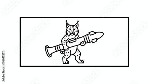 Cartoon Lynx Holding Rocket Launcher, Wild Animal Military Weapon, Graphic Design