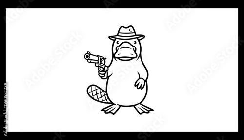 Cartoon Platypus Detective with Fedora and Gun, Black and White