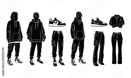 Modern Black Streetwear Clothing Vector Collection including Hoodies, Pants, Sneakers, and Crop Top