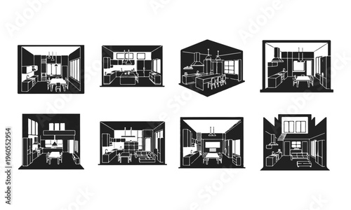 Minimalist Black and White Isometric Room Interior Vector Icon Set. Home Layout Illustrations.