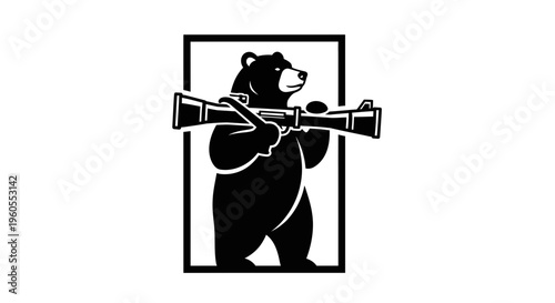 Black Bear Holding Rocket Launcher, Cartoon Style, Vector Illustration