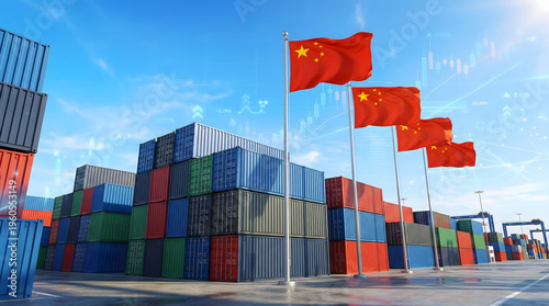 Waving Chinese flags over an international shipping port with colorful containers and economic data