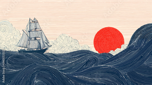 A majestic sailing ship navigates turbulent ocean waves under a vibrant red sun, evoking a sense of epic journey and exploration across vast, untamed seas